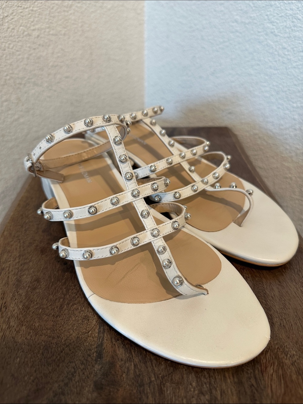 Stuart Weitzman Pearl Stud Strappy White Block Heel Sandals Size 7.5 US / 38 EU